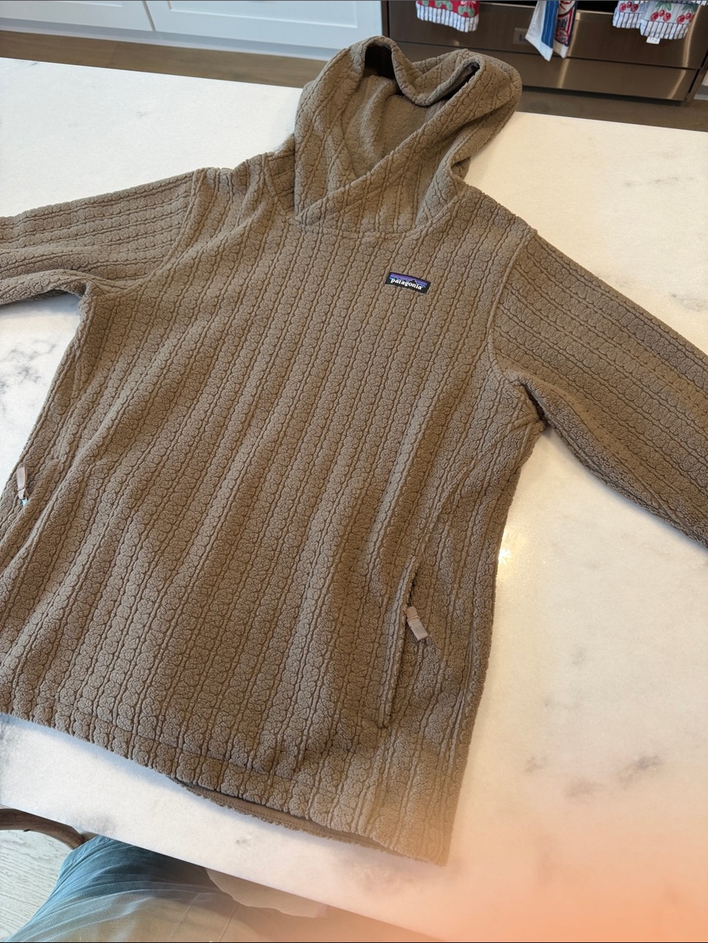 Patagonia Men’s Taupe Cable-Knit Hooded Crewneck Sweater